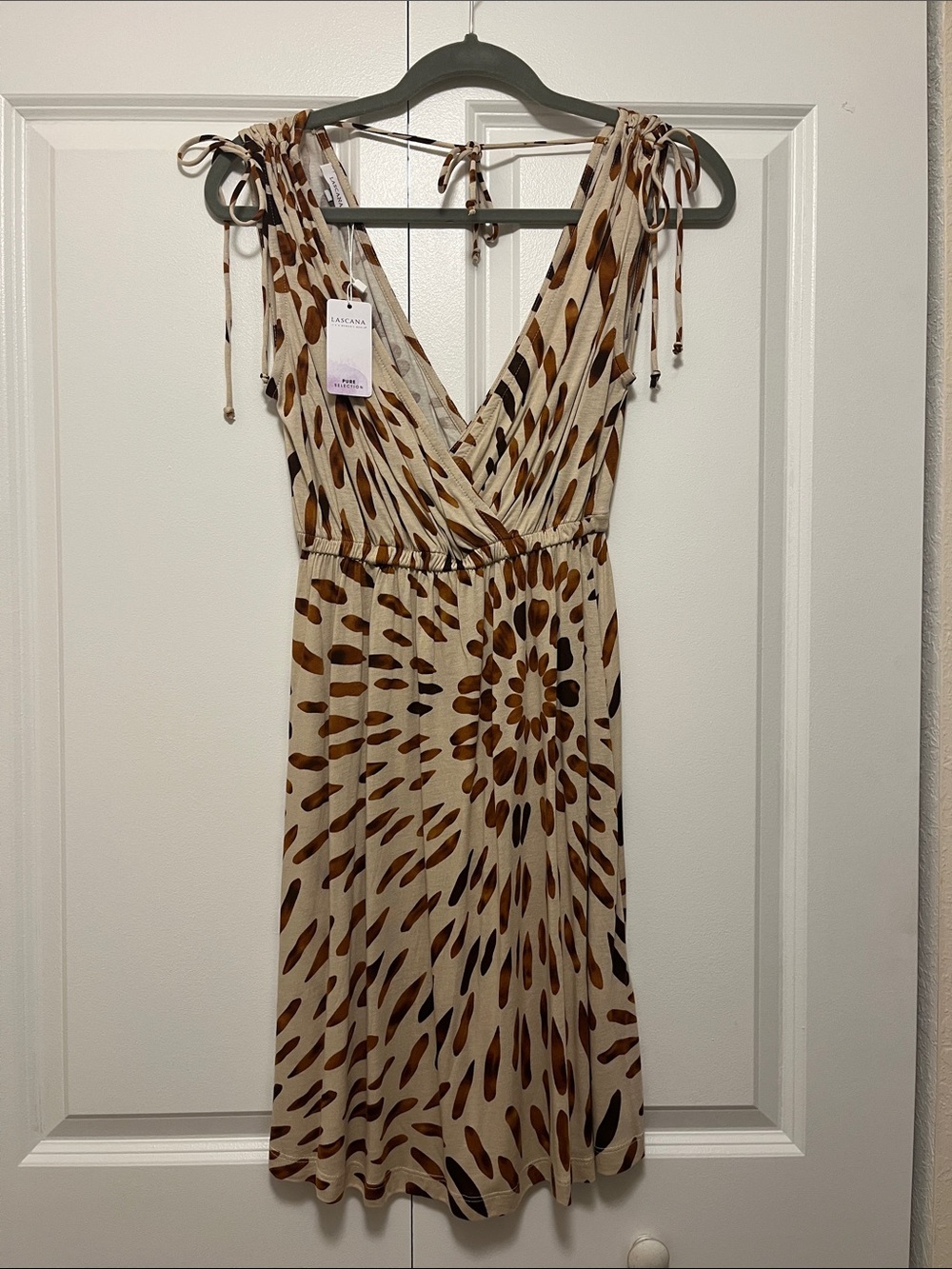LASCANA Brown Tie-Shoulder Midi Dress in Cream and Brown